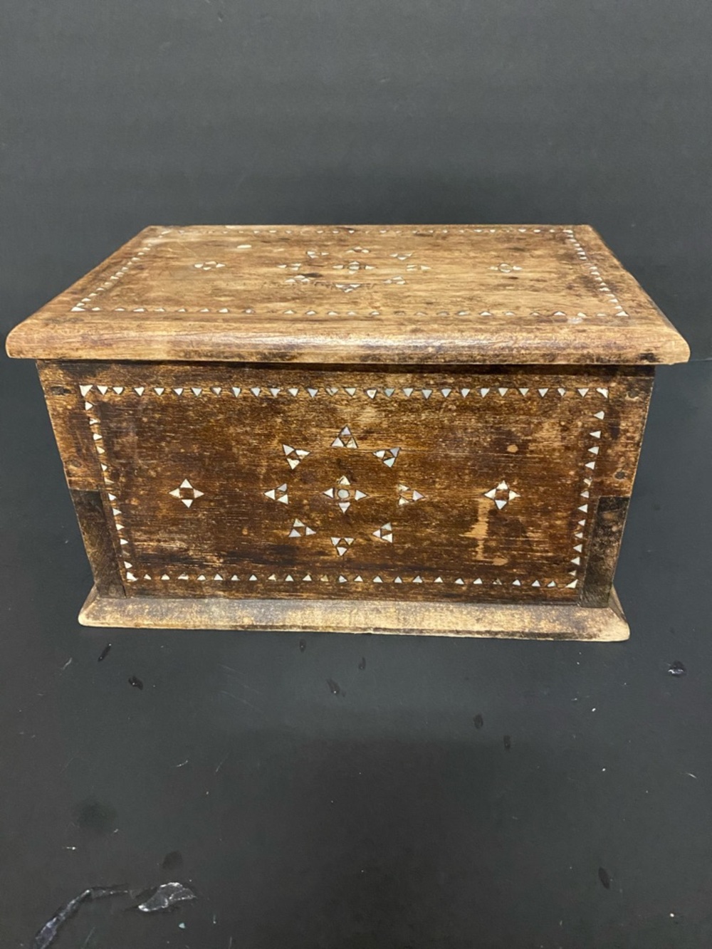 Vintage hand-carved wooden chest , delicate mother of Pearl Inlay